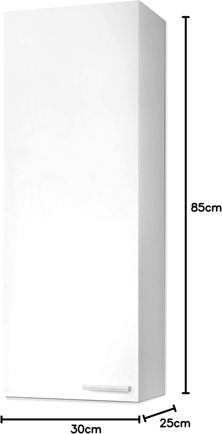 Hängeschrank für Badezimmer mit einer Tür und einem Innenregal, glänzend weiss, Masse 30 x 85 x 25 c