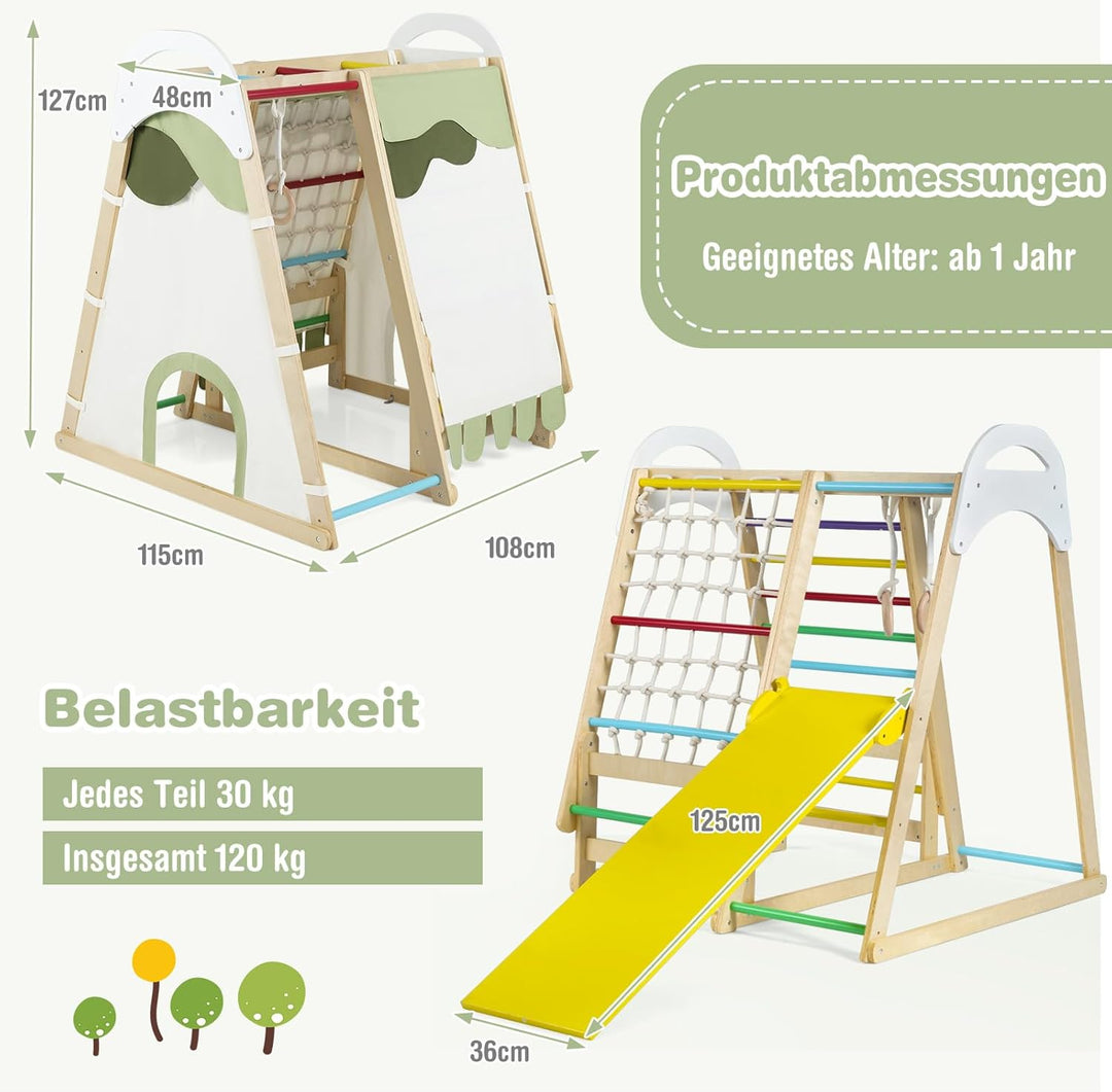 COSTWAY Klettergerüst Indoor, 6 in 1 Turnringen & Kletterfelsen & Kletternetz & Leiter & Pull Up Bar