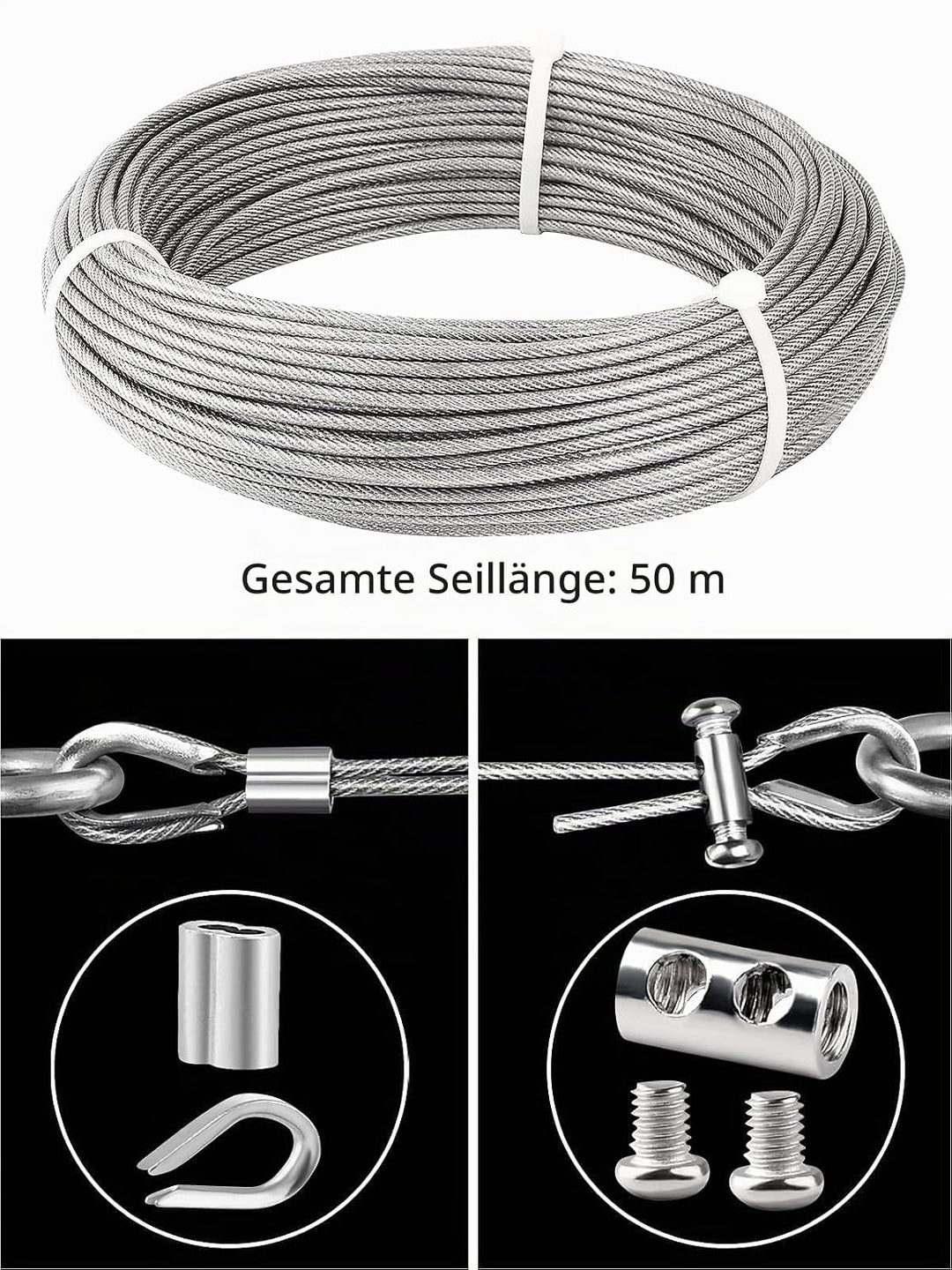 TooTaci 3mm Drahtseil Edelstahl, 50M 3mm Stahlseil ummanteltes -PVC mit M3-Seilendhülsen & Seilklemm