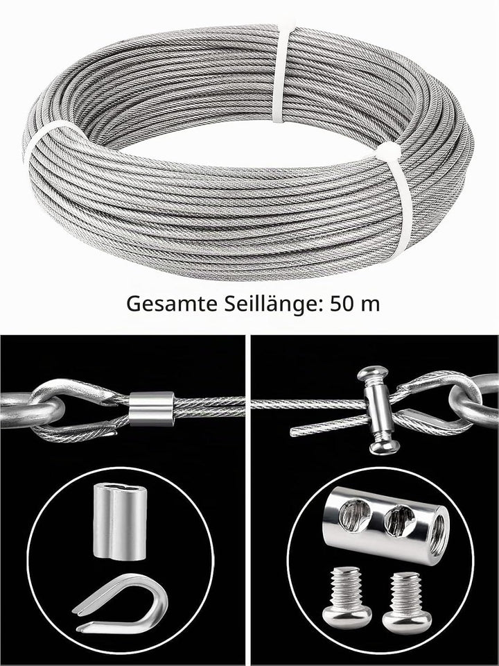 TooTaci 3mm Drahtseil Edelstahl, 50M 3mm Stahlseil ummanteltes -PVC mit M3-Seilendhülsen & Seilklemm