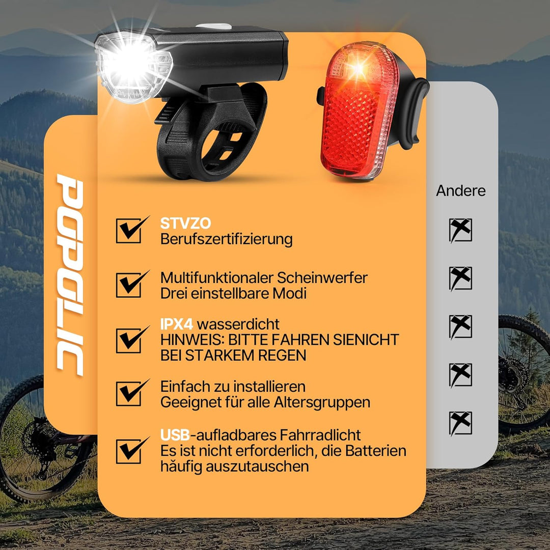 Fahrradlicht Set LED StVZO-30/15 LUX Fahrradbeleuchtung Set 360° Beleuchtung-IPX4 Wasserdicht mit US