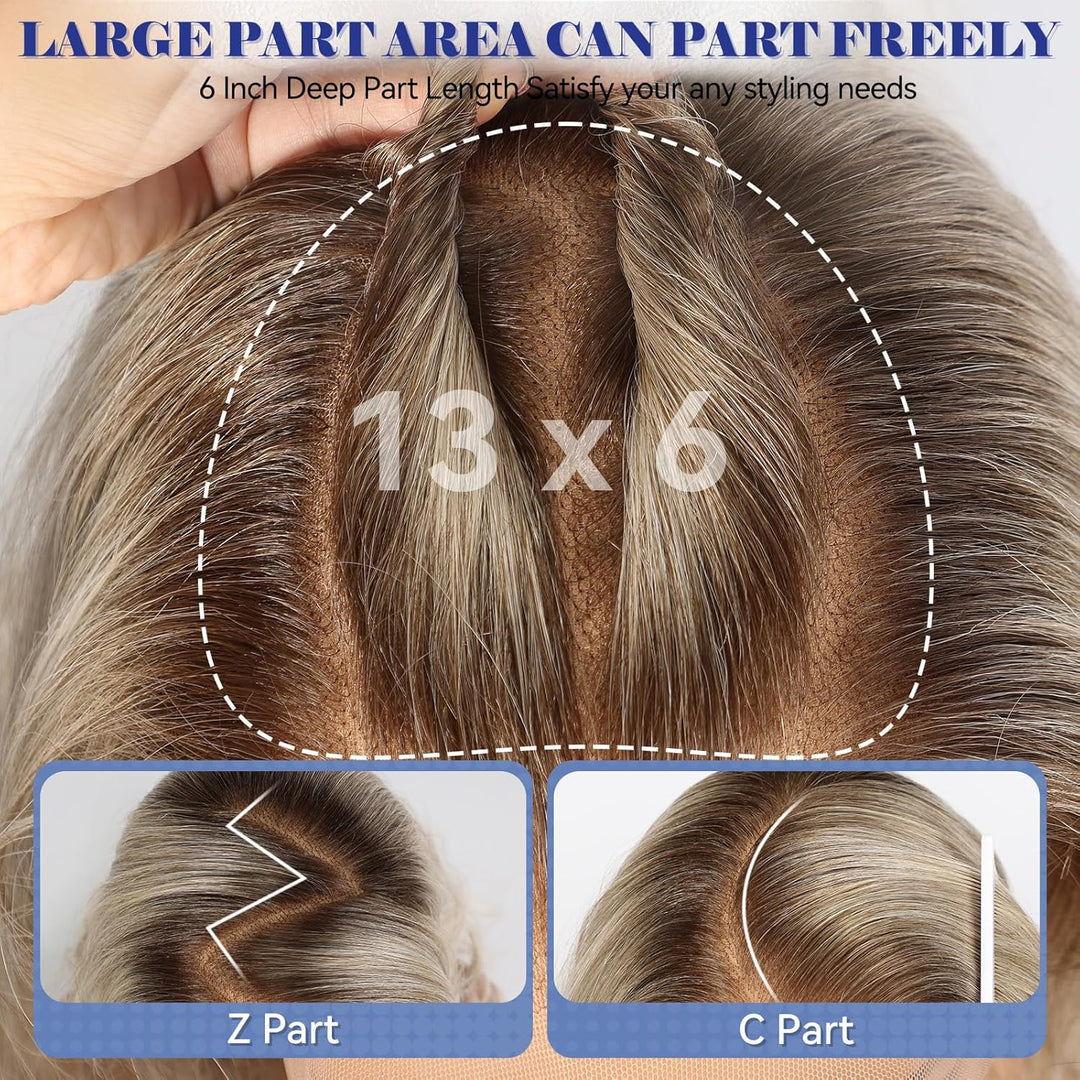 HAIRCUBE 13x6 HD Synthetische Lace-Front-Perücke, 24 Zoll Aschblond Lange Lockige Stufenperücken, Na