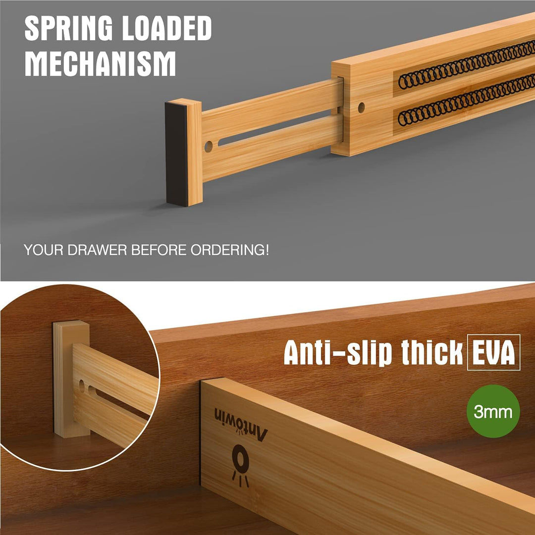 ANTOWIN Schubladentrenner Verstellbar Bambus (43-56 cm), Schubladen organizer, gefedert, Küche, Komm