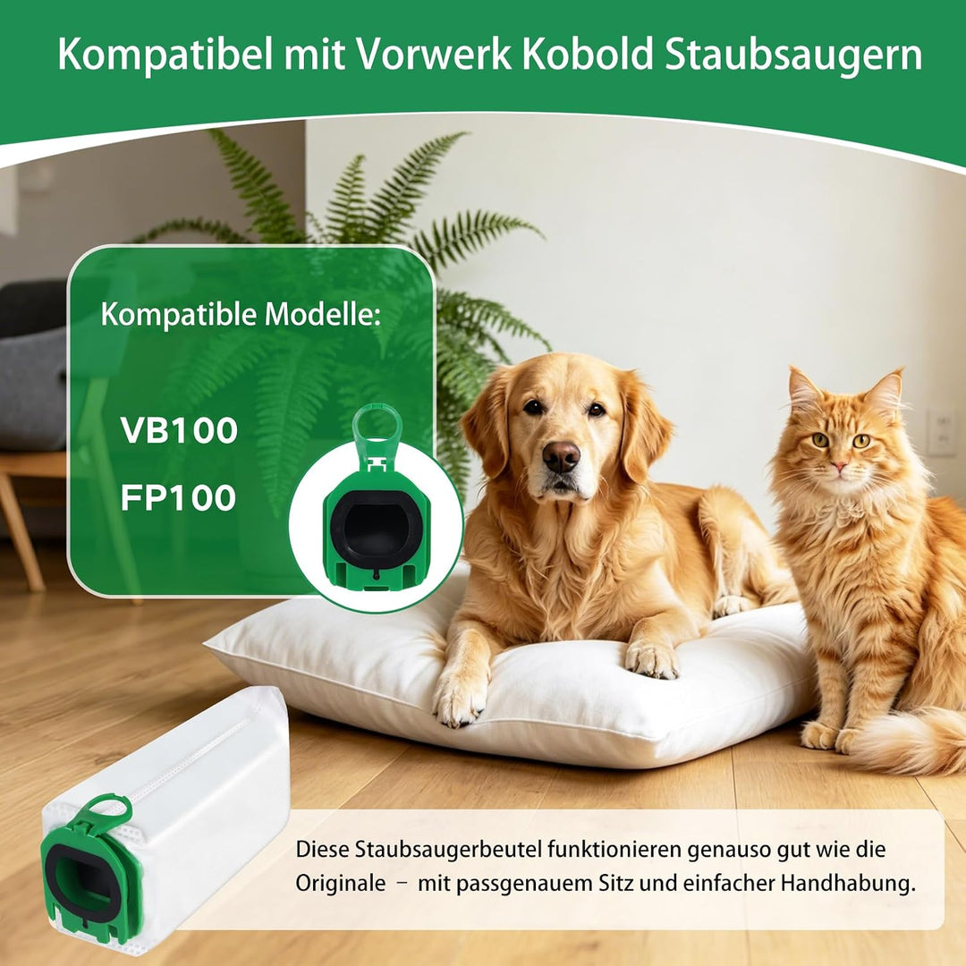 Staubsaugerbeutel für Vorwerk Kobold VB100 FP100 Akku-Staubsauger | 12 Stück Staubbeutel mit 3 Motor