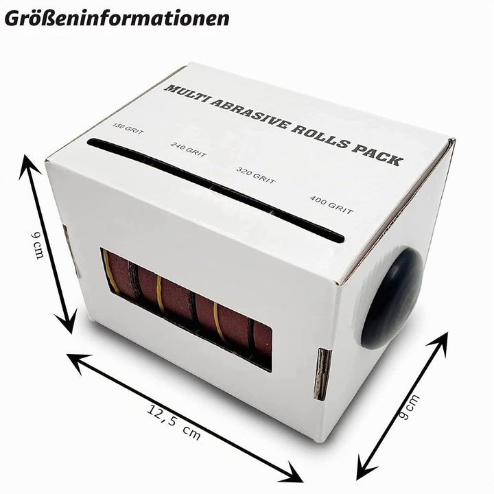 Schleifpapier auf der Rolle im Spender, 4 Rollen in verschiedenen Körnungen, Schmirgelpapier-Rollen,
