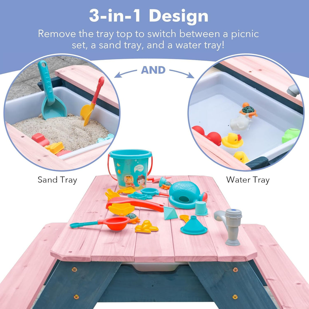 Kids 3-in-1 Sand- und Wasser-Aktivitätstisch, Holz, Outdoor, wandelbarer Picknicktisch mit Regenschi