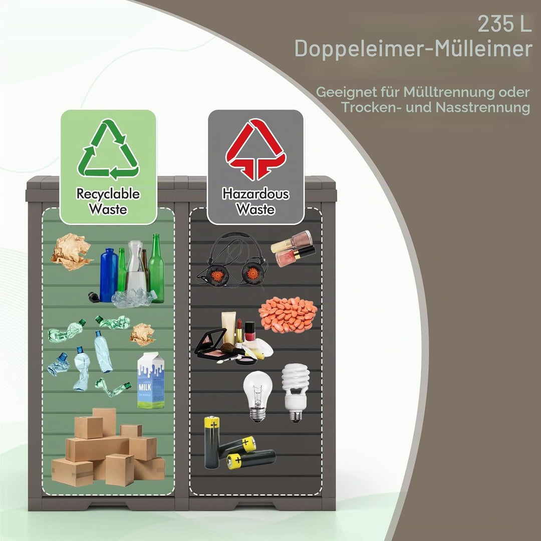 GIANTEX Mülleimer 2 Fächer Outdoor, 235 L, Abfalleimer mit Doppeldeckel & Griff, Mülltonne Abfallton