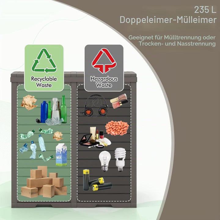 GIANTEX Mülleimer 2 Fächer Outdoor, 235 L, Abfalleimer mit Doppeldeckel & Griff, Mülltonne Abfallton