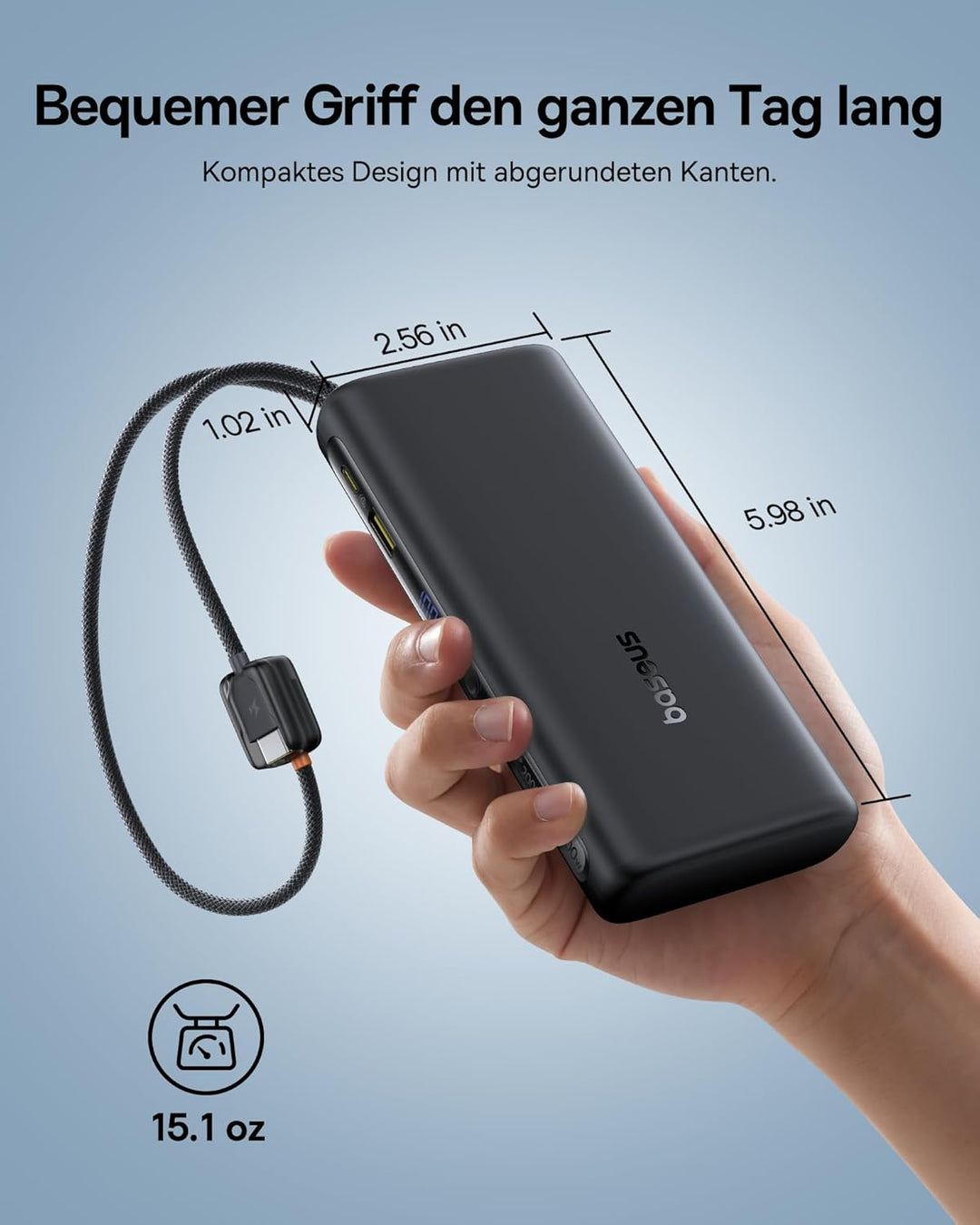 Baseus FC41 100W 20000mAh Powerbank Laptop, Schnellladen Power Bank mit 2 Integriertem USB-C Kabel,