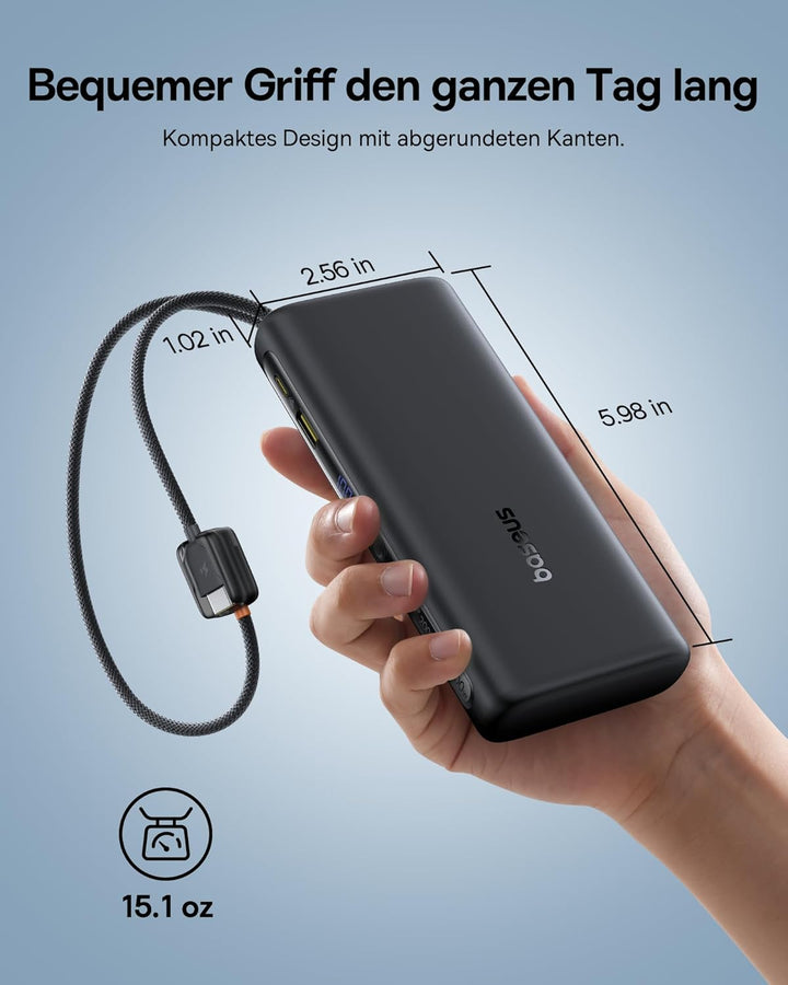 Baseus FC41 100W 20000mAh Powerbank Laptop, Schnellladen Power Bank mit 2 Integriertem USB-C Kabel,