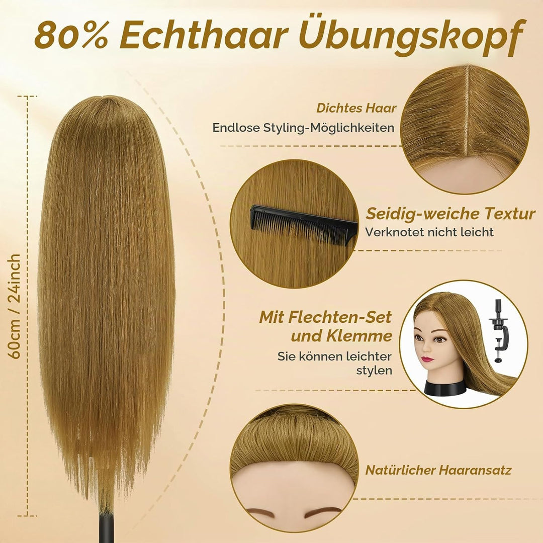 Frisierkopf,80% Puppenkopf Echthaar Blonden Haare,24 Zoll Puppe Übungskopf zum Frisieren,Trainingsko