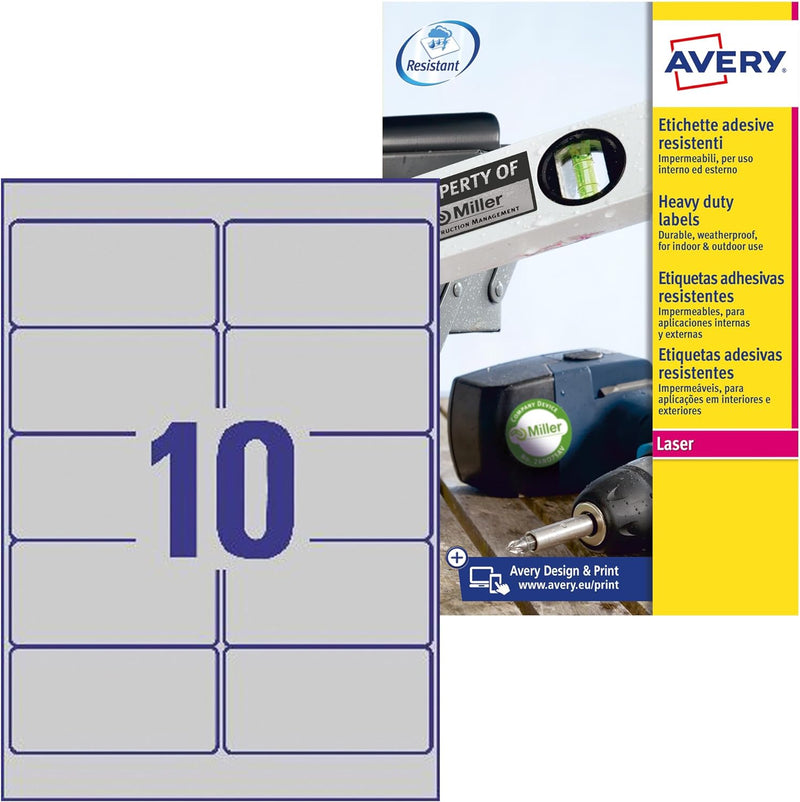 Avery  L6012 – 20 – Pack von 20 Blatt Polyester-Etiketten, 25,4 x 10 mm, silber 96 x 50.8 mm silber