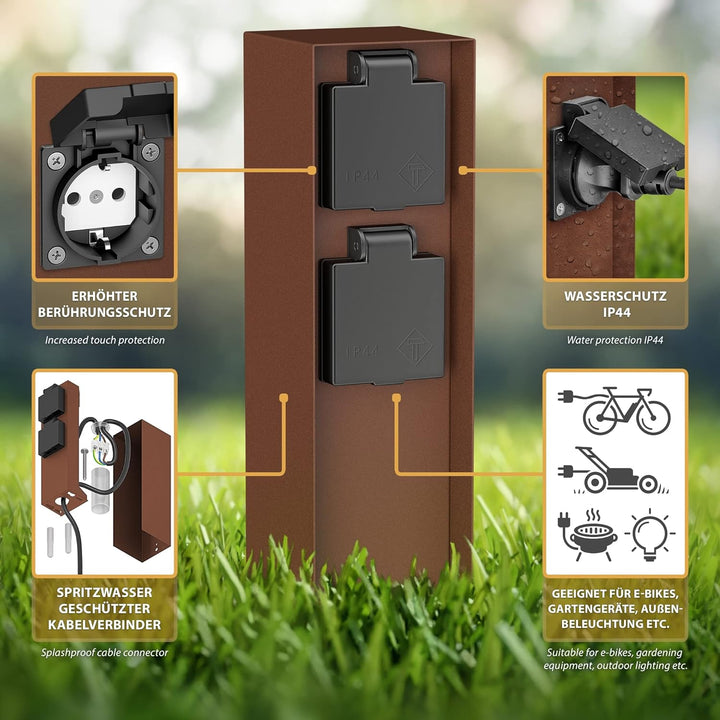 ledscom.de Aussensteckdose POMI mit Erdspiess, wetterfest, IP44, 2-fach, braun, eckig, 23cm, 3 Stk.