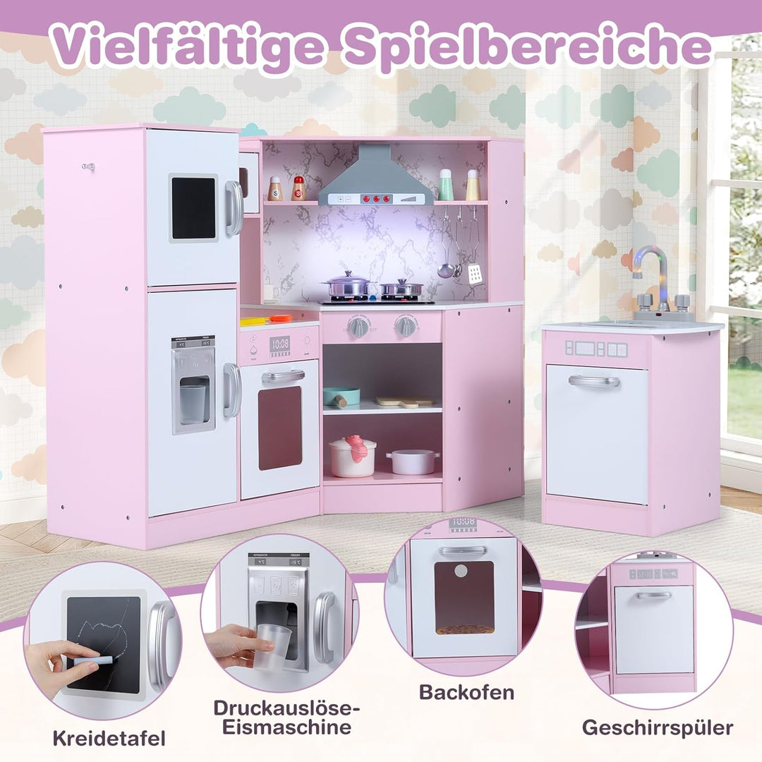 COSTWAY Kinderküche Holz, Spielküche Eck mit Licht und Sound, Holzküche mit Tafel & Spüle & Ofen, in
