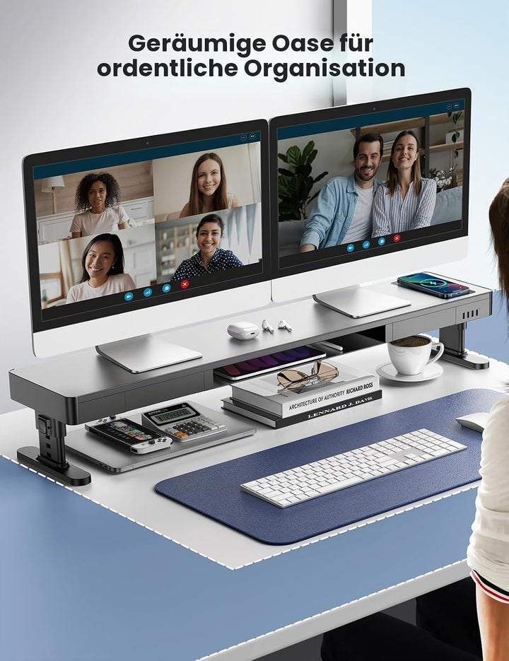 meatanty Höhenverstellbarer Dual Monitor Stand mit Smart Hub, 15W Wireless Charging, 4×USB-3.0, Zwei