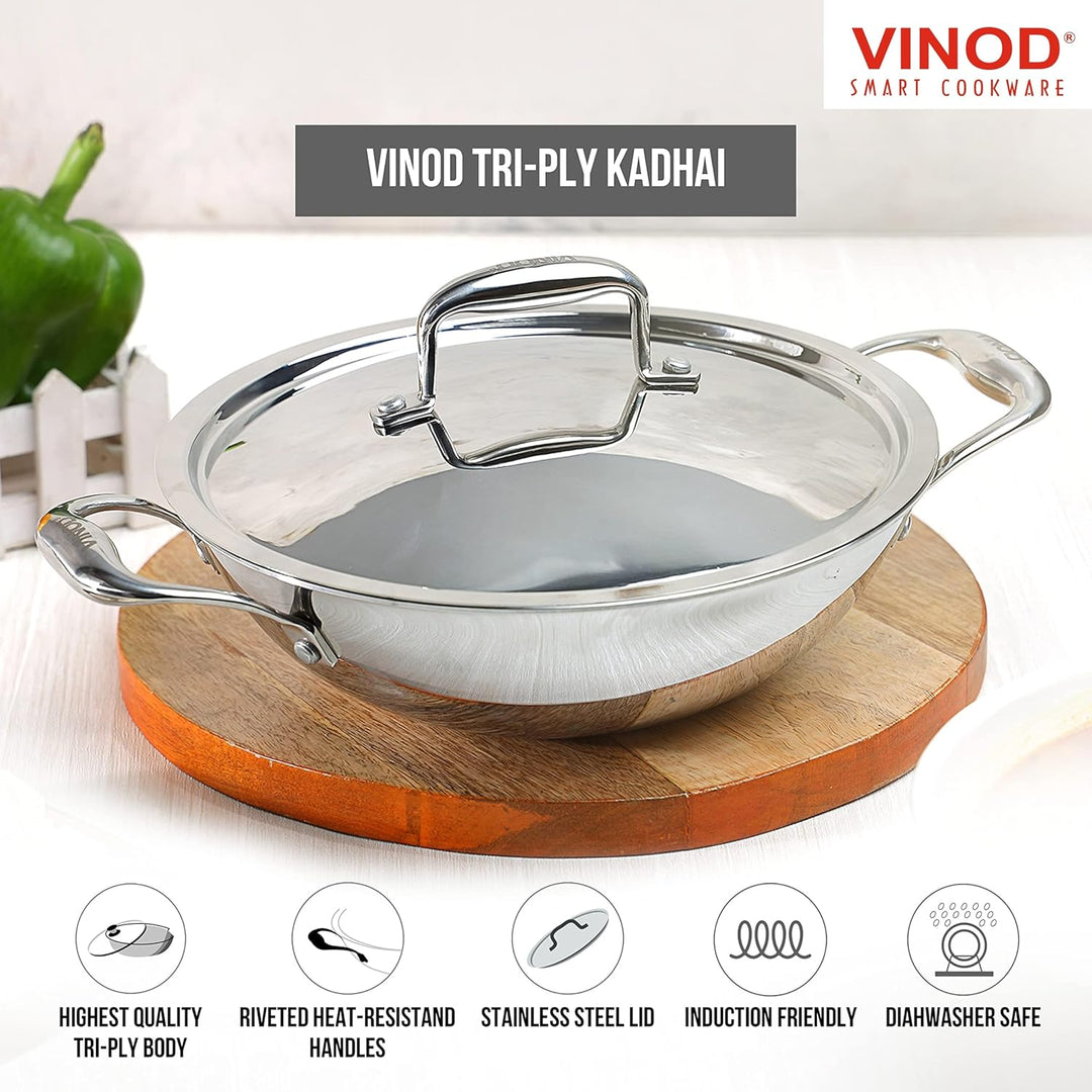 Vinod Platinum Triply Edelstahl-Kadai, geeignet für indische Küche, Saucen, Eintöpfe, Suppen, extra