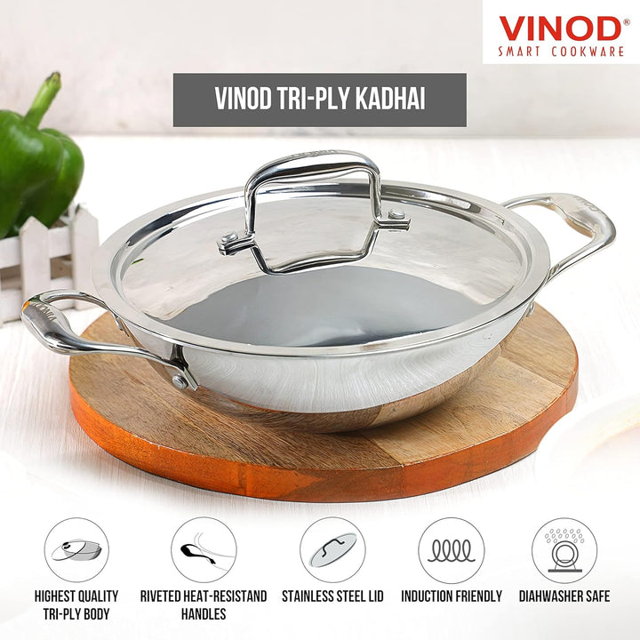 Vinod Platinum Triply Edelstahl-Kadai, geeignet für indische Küche, Saucen, Eintöpfe, Suppen, extra