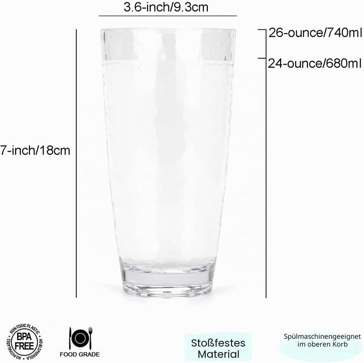 Grosse Acrylgläser, 740 ml, Kunststoffbecher, Set mit 6 transparenten Farben, gehämmerter Stil, BPA-