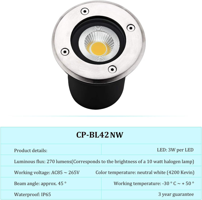 CPROSP 3er Bodeneinbaustrahler LED GU10 Neutralweiss Aussen, IP65, 3W 230V AC85-265V 270 Lumen, Bode