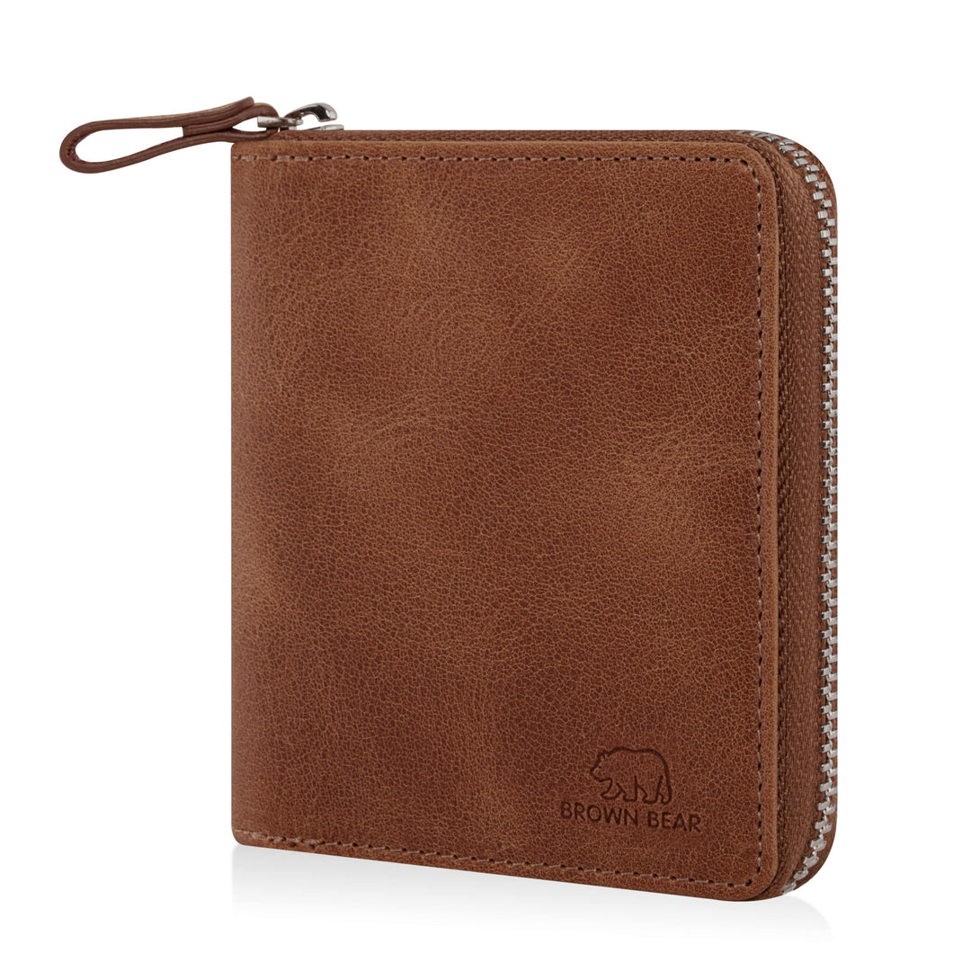 BROWN BEAR Geldbörse Reissverschluss Leder Vintage Braun für Damen & Herren | RFID-Schutz Portemonna