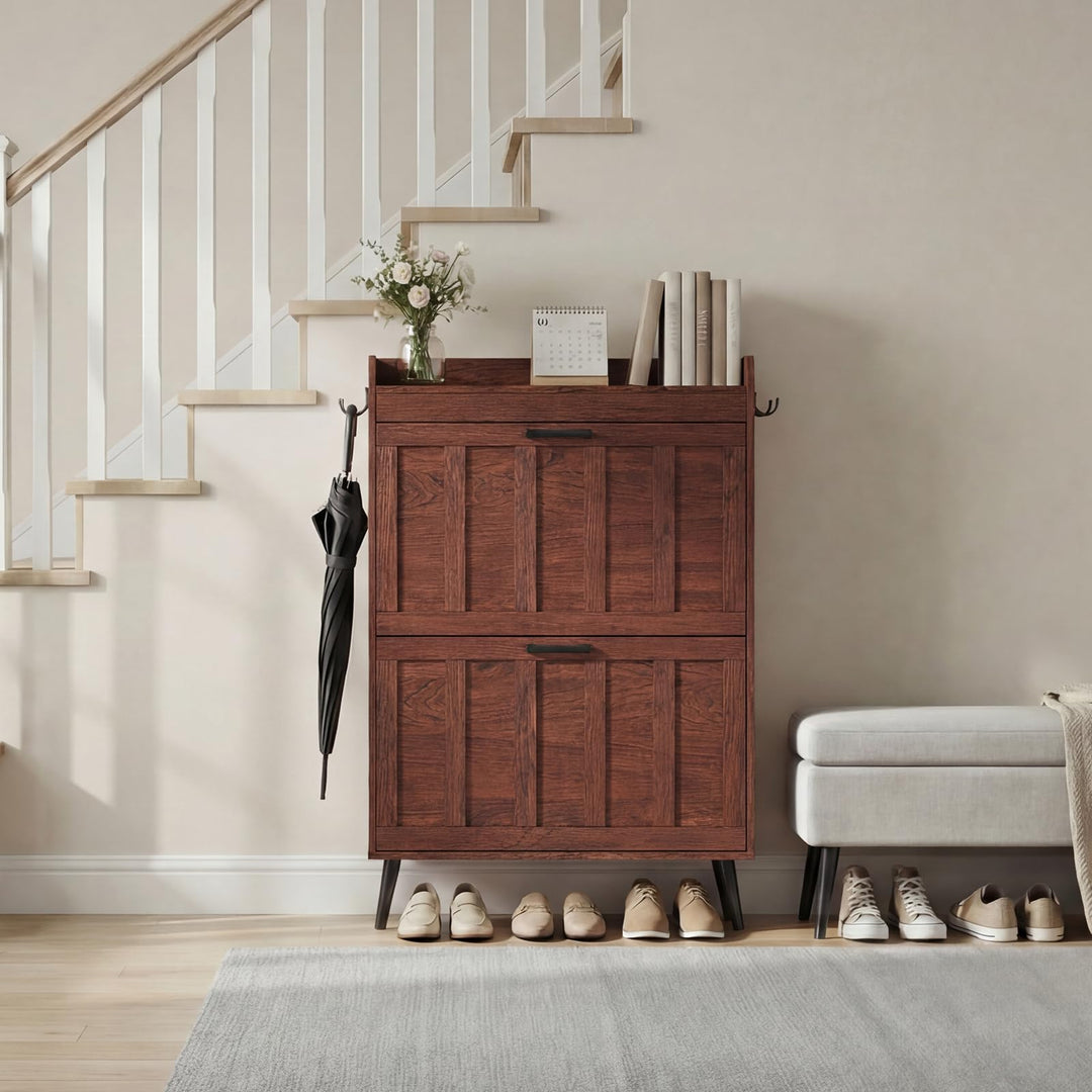 Schuhschrank Schmal mit 2 Klappschubladen, Landhausstil Schuhaufbewahrung für Flur Wohnzimmer, Kipps
