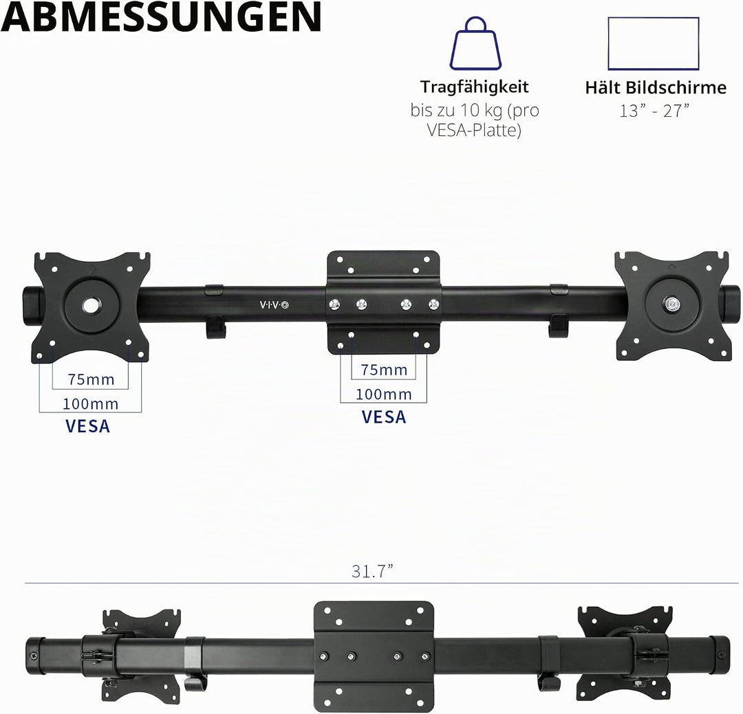 VIVO Dual-VESA-Halterungsadapter, horizontale Montagehalterung für 2 Monitor-Bildschirme bis 68,6 cm