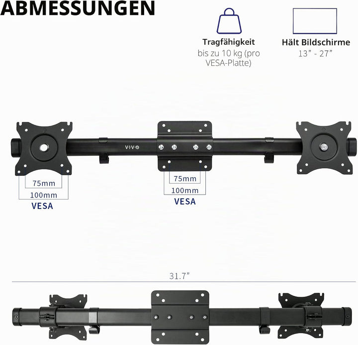 VIVO Dual-VESA-Halterungsadapter, horizontale Montagehalterung für 2 Monitor-Bildschirme bis 68,6 cm