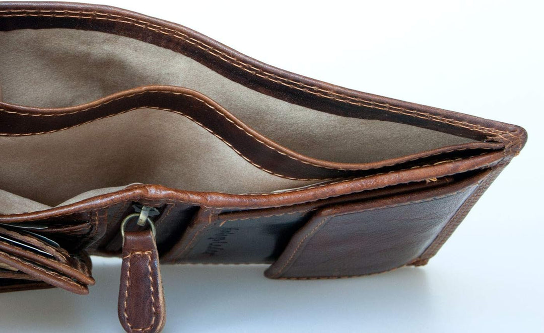 Braun glasierte Echtleder-Brieftasche für Herren mit RFID (Datenschutz) - Flügelprägung