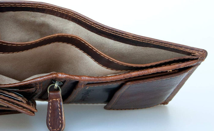 Braun glasierte Echtleder-Brieftasche für Herren mit RFID (Datenschutz) - Flügelprägung