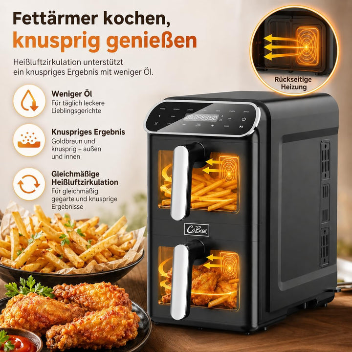 Heissluftfritteuse 2 Kammern übereinander 11L, platzsparende vertikale Doppelkammer, 2×5,5L Airfryer