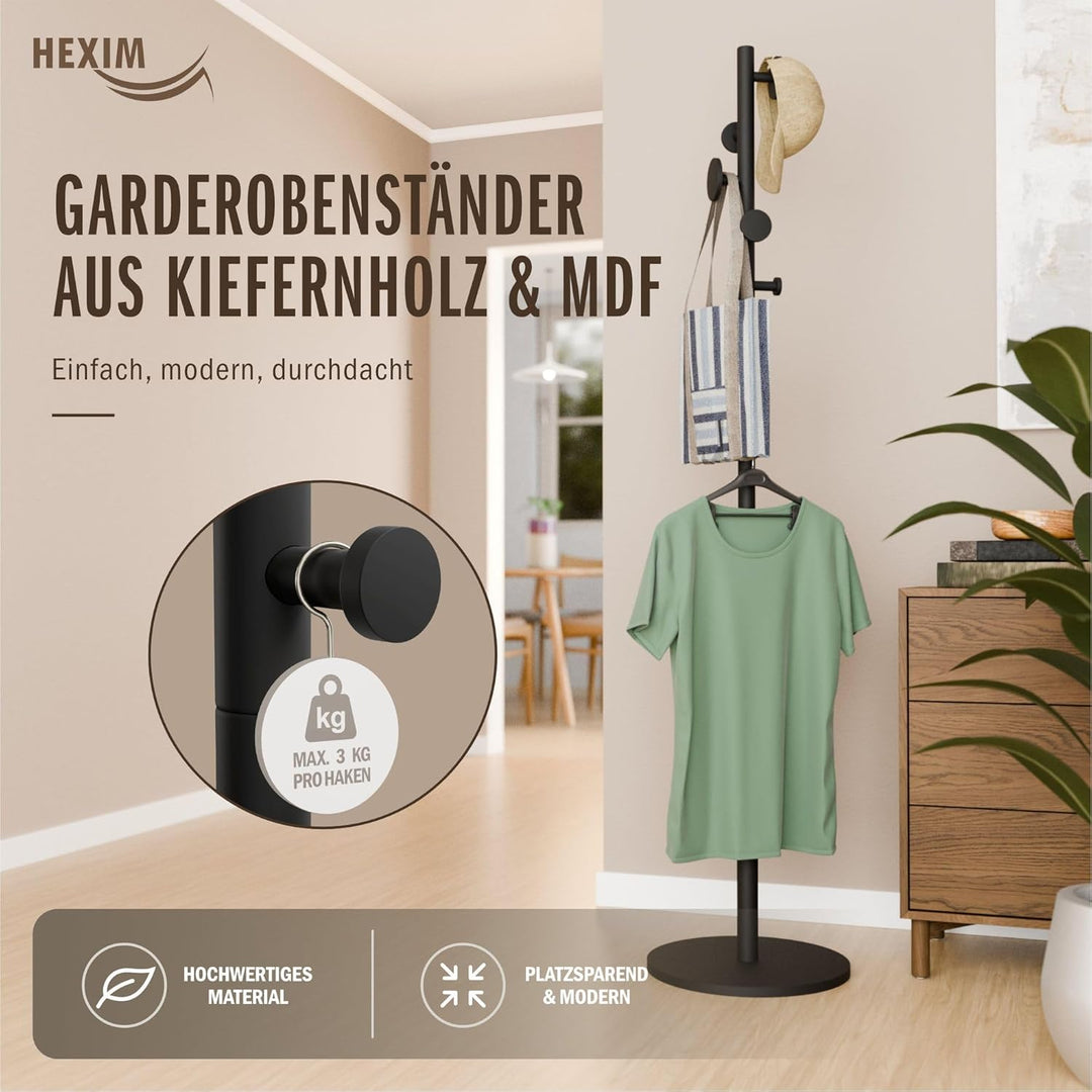 HEXIM Garderobenständer Holz freistehend Schwarz - Kleiderständer 175cm mit 8 versetzten Haken - Mod