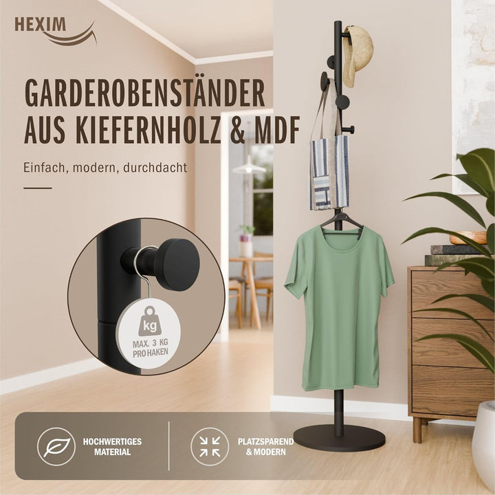 HEXIM Garderobenständer Holz freistehend Schwarz - Kleiderständer 175cm mit 8 versetzten Haken - Mod