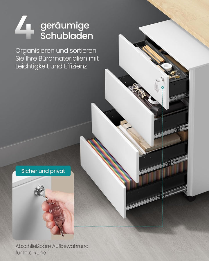 SONGMICS Rollcontainer, Metallschrank, mobiler Aktenschrank, Druckertisch, abschliessbar, 4 Schublad