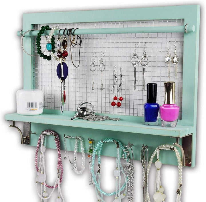 Spiretro Wandhalterung Schmuckaufbewahrung, Holz Schmuck Organizer Halter mit Haken Regal Stange Hän
