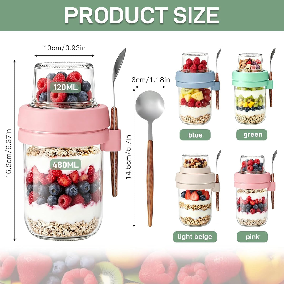 Müslibecher to Go mit Löffel,4 Stück Joghurtbecher mit Toppingbehälter,Overnight Oats Glas, Auslaufs