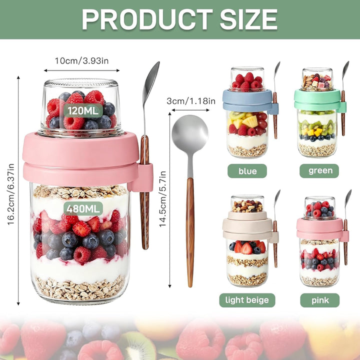 Müslibecher to Go mit Löffel,4 Stück Joghurtbecher mit Toppingbehälter,Overnight Oats Glas, Auslaufs