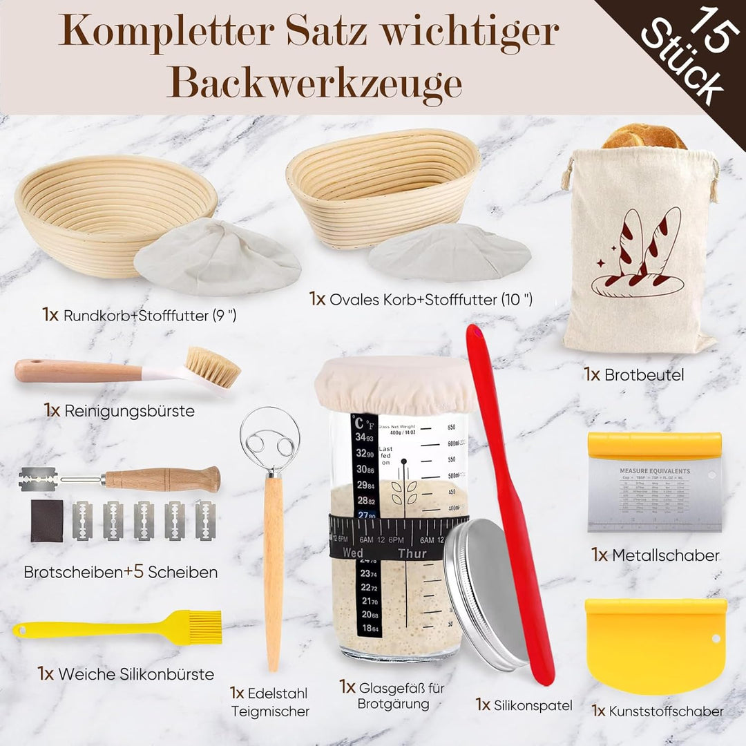 Gärkorb Brot Set mit 2 Gärkörbchen, Sauerteig Starter Set und Komplettset Backzubehör, sauerteig sta