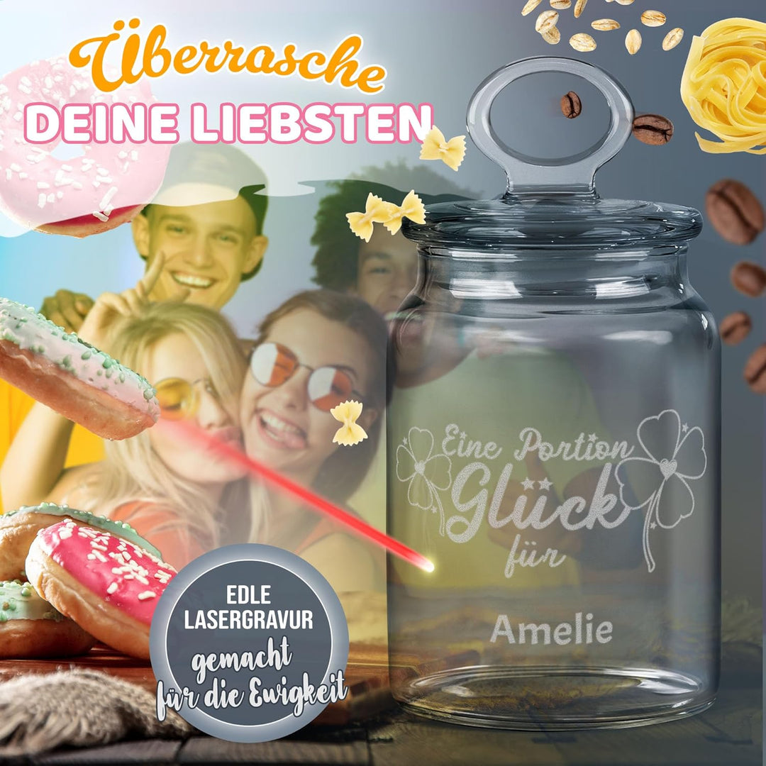 PR Print Royal Personalisierte Keksdose aus Glas mit Gravur - 800 ml - Eine Portion Glück mit Name s