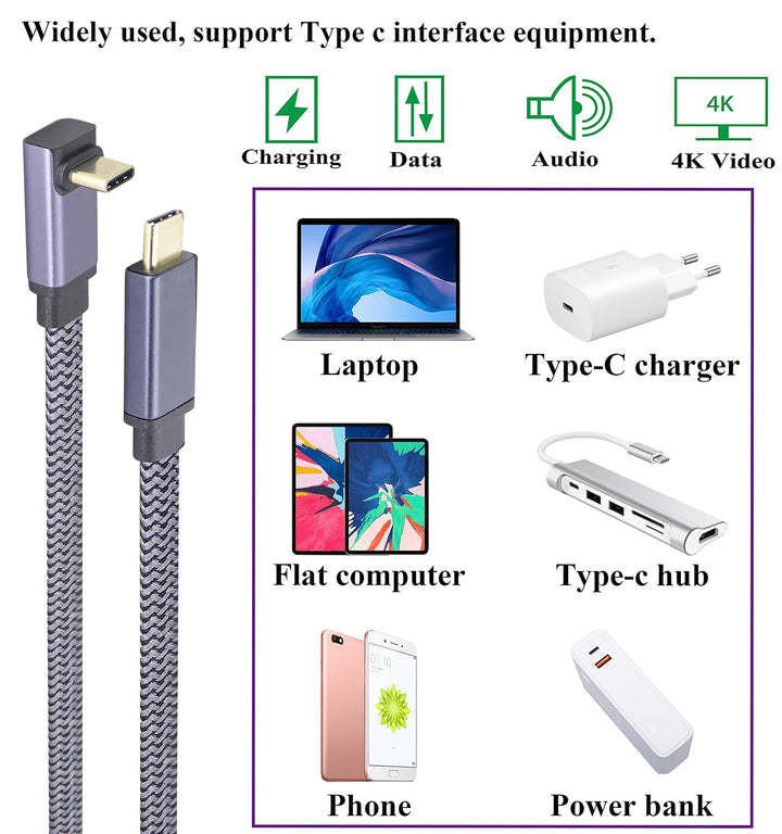 2-Stücke Flat Braided 60W 3A 90 Grad Type C USB C 3.1 Männlich Gen 2 Head Schnelle Aufladung,Daten,A