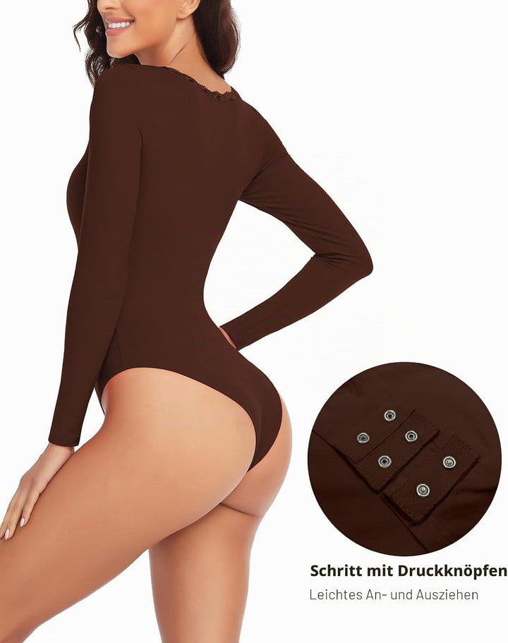 WOWENY Thermo Body Damen Langarm Elegant Langarmbody mit Spitze V-ausschnitt Fleece Bodysuit Warm Be
