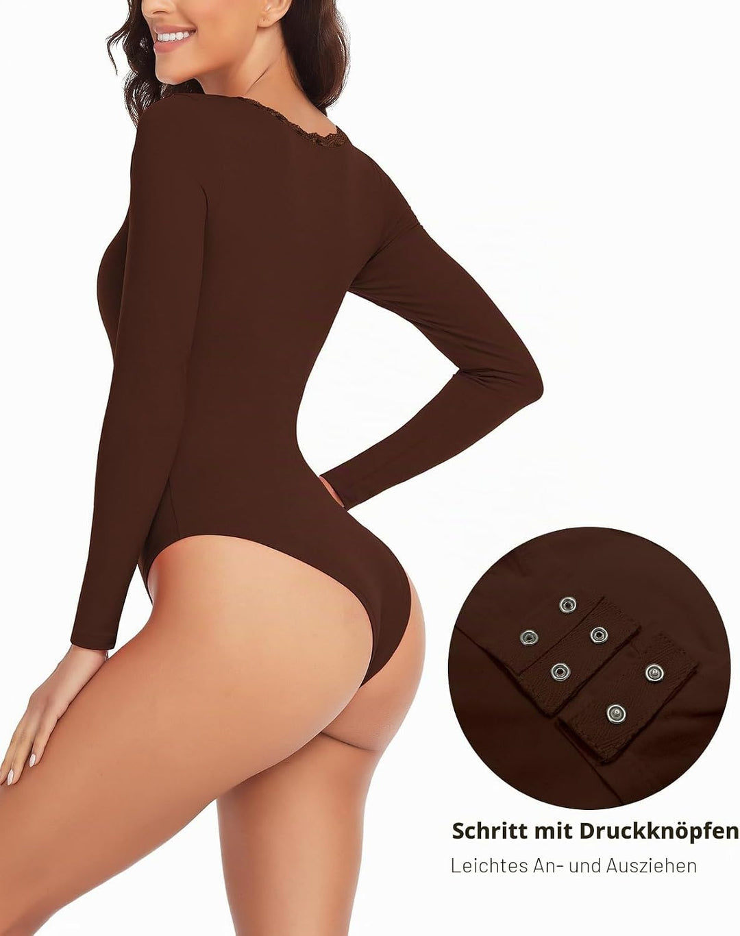 WOWENY Thermo Body Damen Langarm Elegant Langarmbody mit Spitze V-Ausschnitt Fleece Bodysuit Warm Be