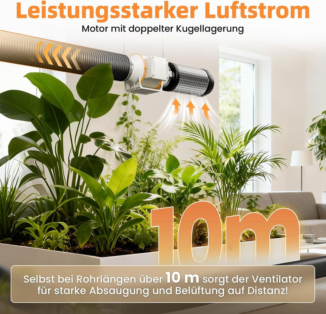 Rohrventilator 100 mm, Leise und Regelbar, Leistungsstark und Sparsam, Luftstrom 360 m³/h, Drehzahlr