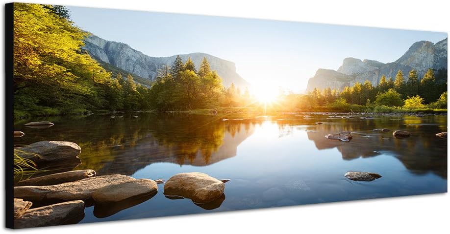 Paul Sinus Art Panoramabild auf Leinwand und Keilrahmen 150x50cm Yosemite Berge Wald Fluss Sonnenauf