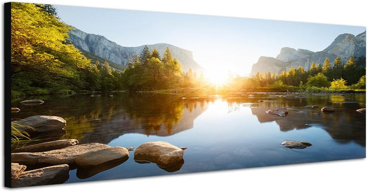 Paul Sinus Art Panoramabild auf Leinwand und Keilrahmen 150x50cm Yosemite Berge Wald Fluss Sonnenauf