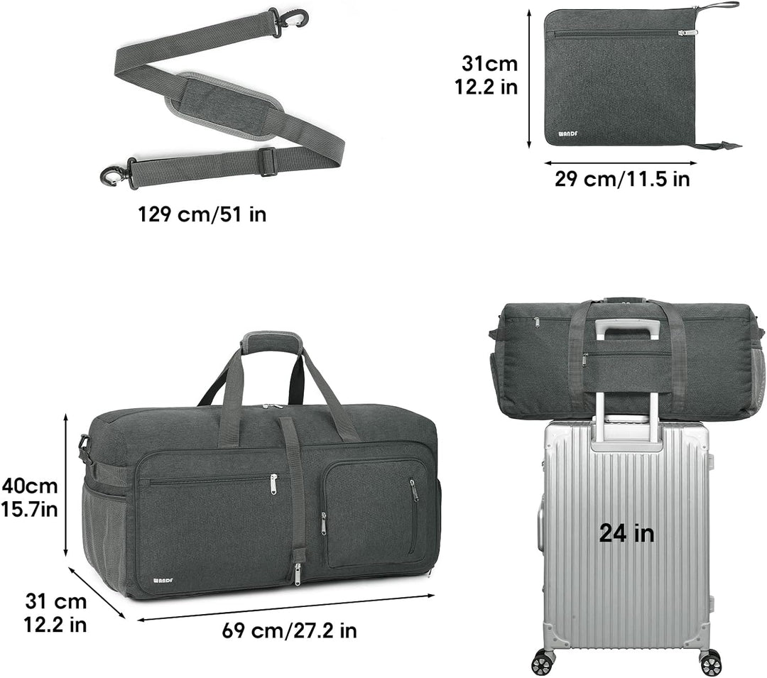 WANDF Reisetasche 85L mit Schuhfach Faltbare Weekender-Reisetasche Handgepäck für Männer Frauen (Gra