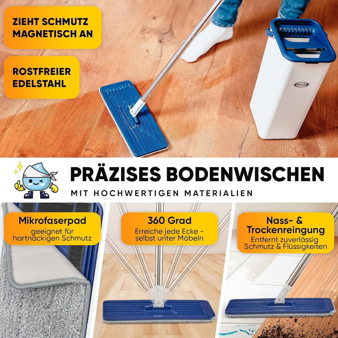 CleanAid Formosa 2 Bodenwischer Wischmopp Set - 360° Flachwischer, Kompakter Eimer, Extra langer 155
