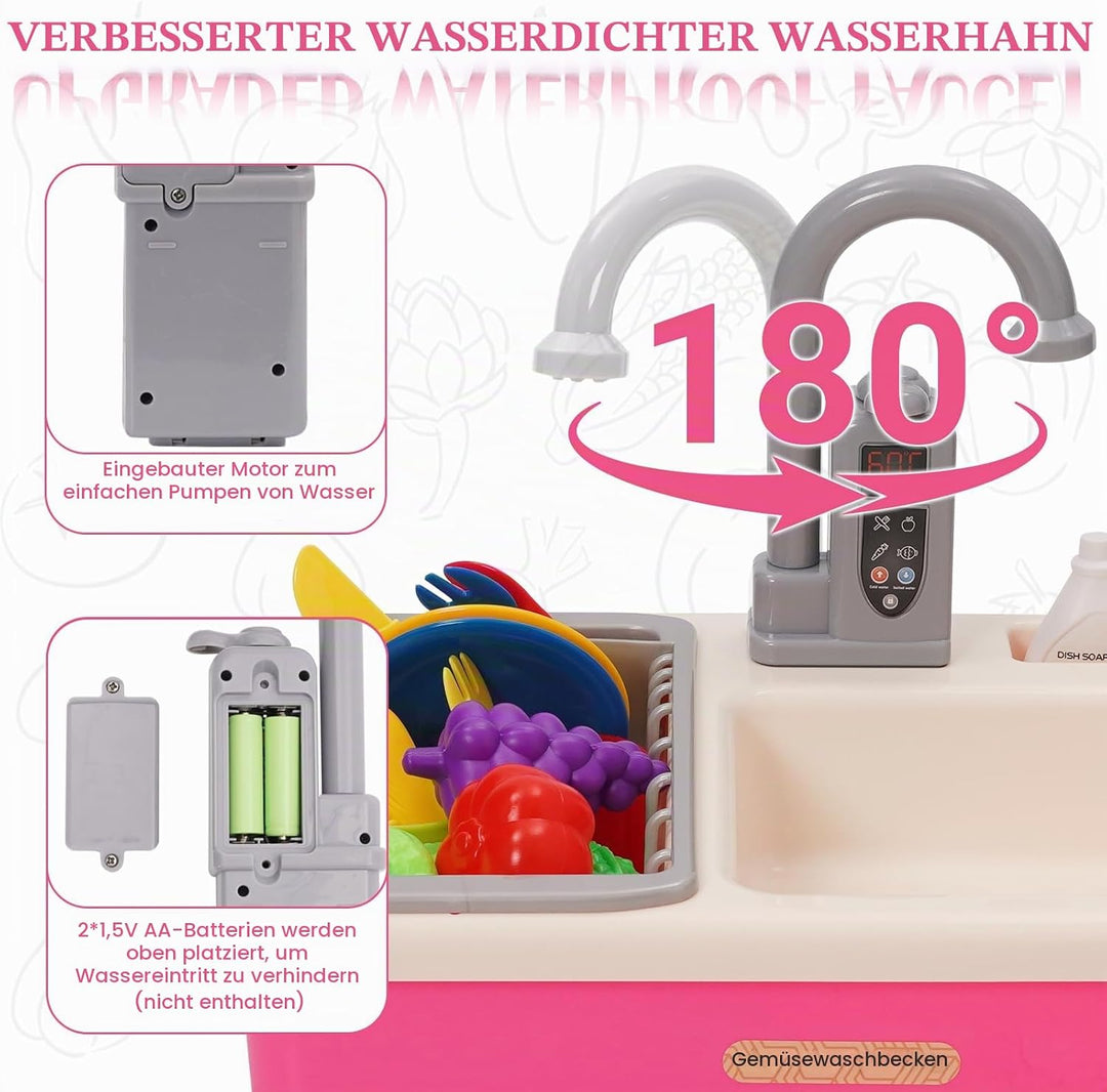 Spielspüle Kinder,Küchenspüle Spielzeug Set mit Wasserkreislauf,Elektrischem Wasserhahn,Rollenspiel-