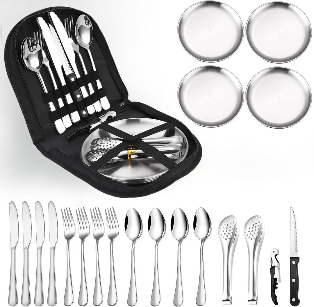Camping Geschirr Set 4 Personen, 20 Stück Tragbares Camping Besteck Set, Campingbesteck aus Edelstah