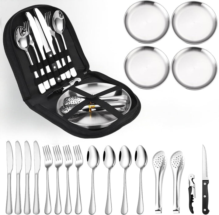 Camping Geschirr Set 4 Personen, 20 Stück Tragbares Camping Besteck Set, Campingbesteck aus Edelstah