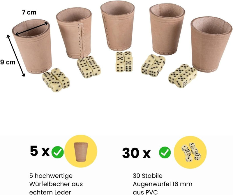 GICO Leder Würfelbecher Standard (9 cm) mit 6 Würfeln im 5er Set - 5902-5
